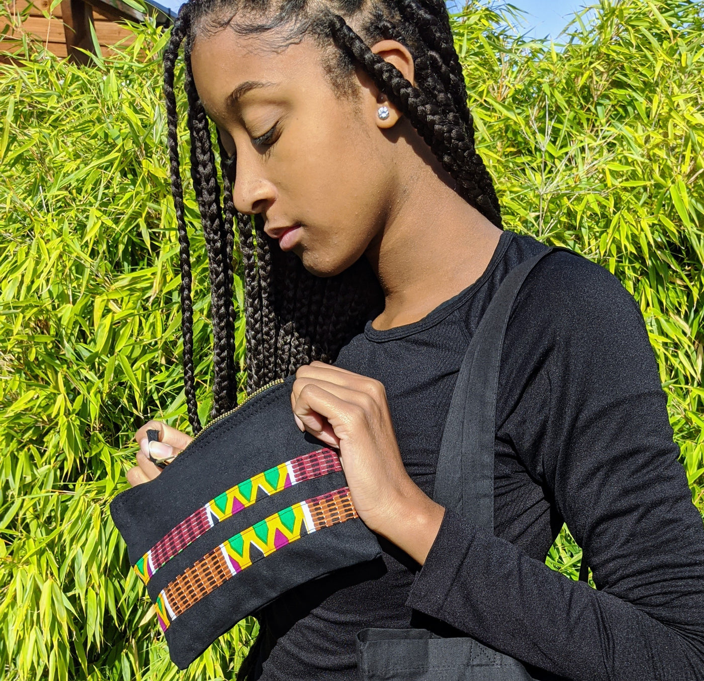 Zipped purse with multi-coloured Kente detail